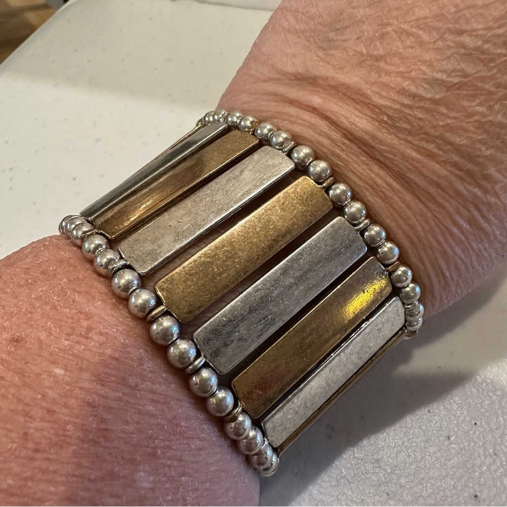 NWT The Sak Bracelet- antiqued silver & gold tone, stretch, wide - Picture 9 of 11